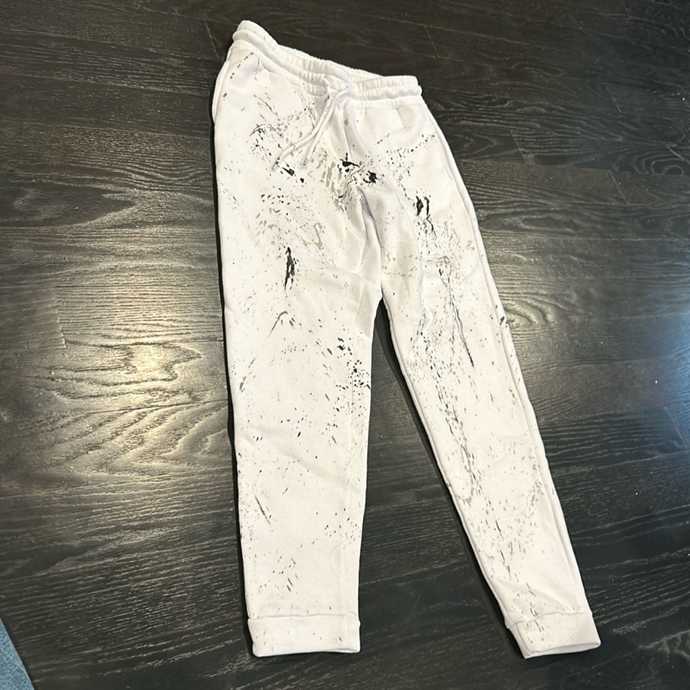 White splatter painted sweatpants